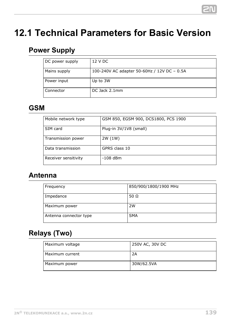 1 technical parameters for basic version, Power supply, Antenna | Relays (two) | 2N M2M Solution 2N SmartCom - User Manual 1.9.0 User Manual | Page 139 / 149