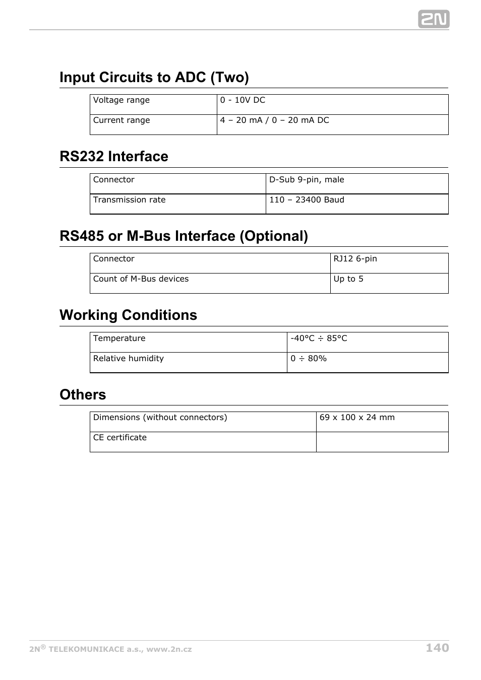 Input circuits to adc (two), Rs232 interface, Rs485 or m-bus interface (optional) | Working conditions, Others | 2N M2M Solution 2N SmartCom - User Manual 1.9.0 User Manual | Page 140 / 149