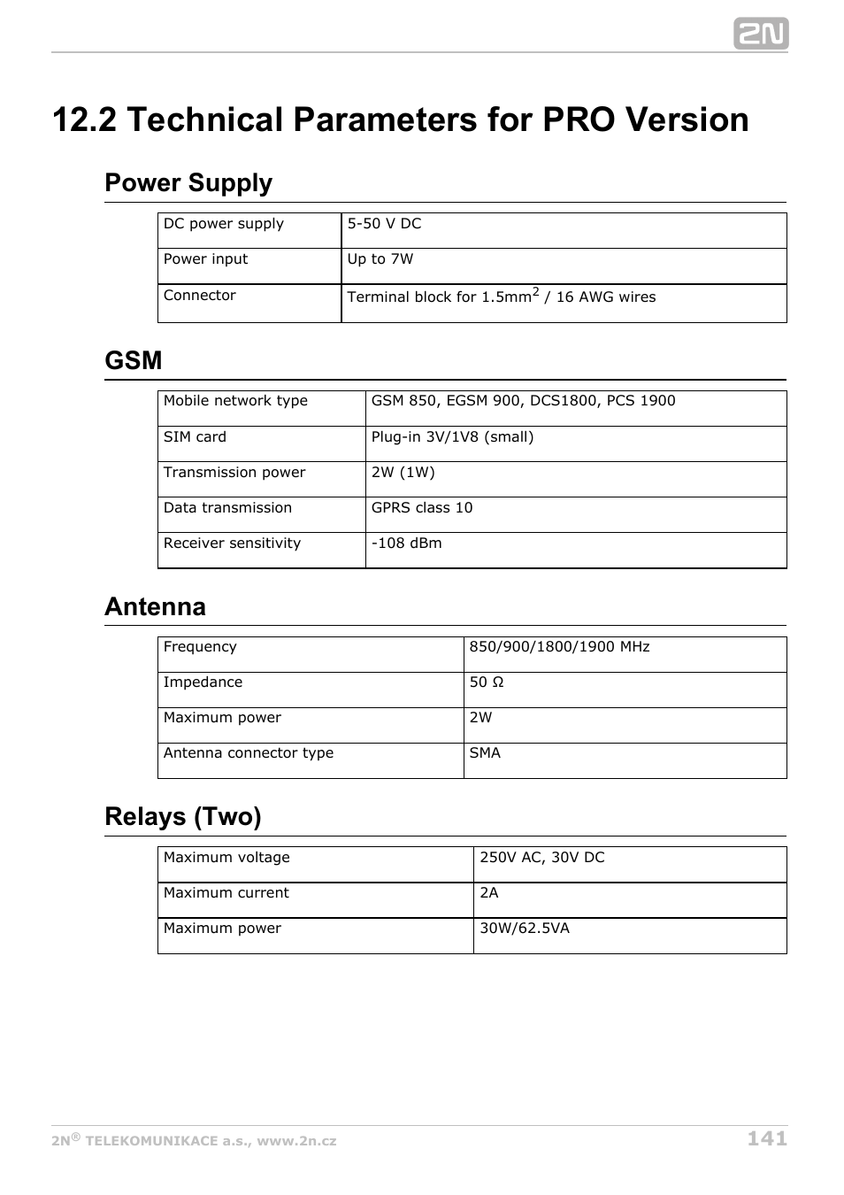 2 technical parameters for pro version, Power supply, Antenna | Relays (two) | 2N M2M Solution 2N SmartCom - User Manual 1.9.0 User Manual | Page 141 / 149