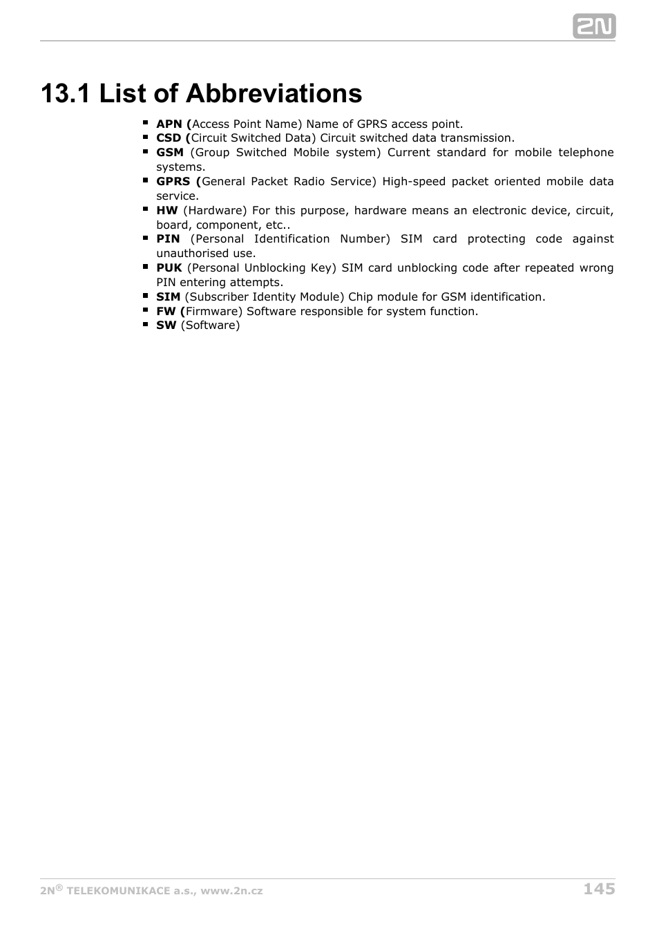 1 list of abbreviations | 2N M2M Solution 2N SmartCom - User Manual 1.9.0 User Manual | Page 145 / 149