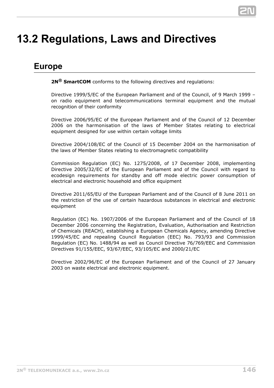 2 regulations, laws and directives, Europe | 2N M2M Solution 2N SmartCom - User Manual 1.9.0 User Manual | Page 146 / 149