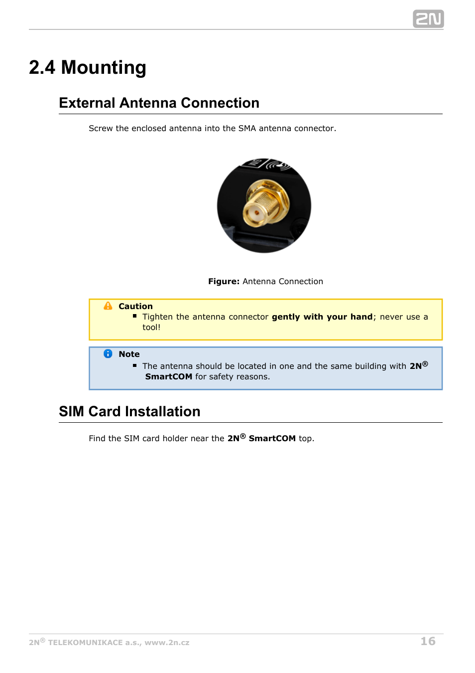 4 mounting, External antenna connection, Sim card installation | 2N M2M Solution 2N SmartCom - User Manual 1.9.0 User Manual | Page 16 / 149