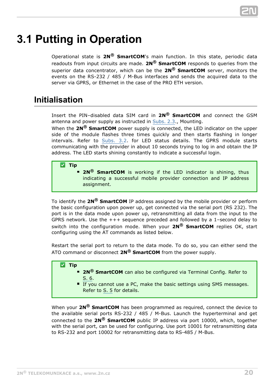 1 putting in operation, Initialisation | 2N M2M Solution 2N SmartCom - User Manual 1.9.0 User Manual | Page 20 / 149