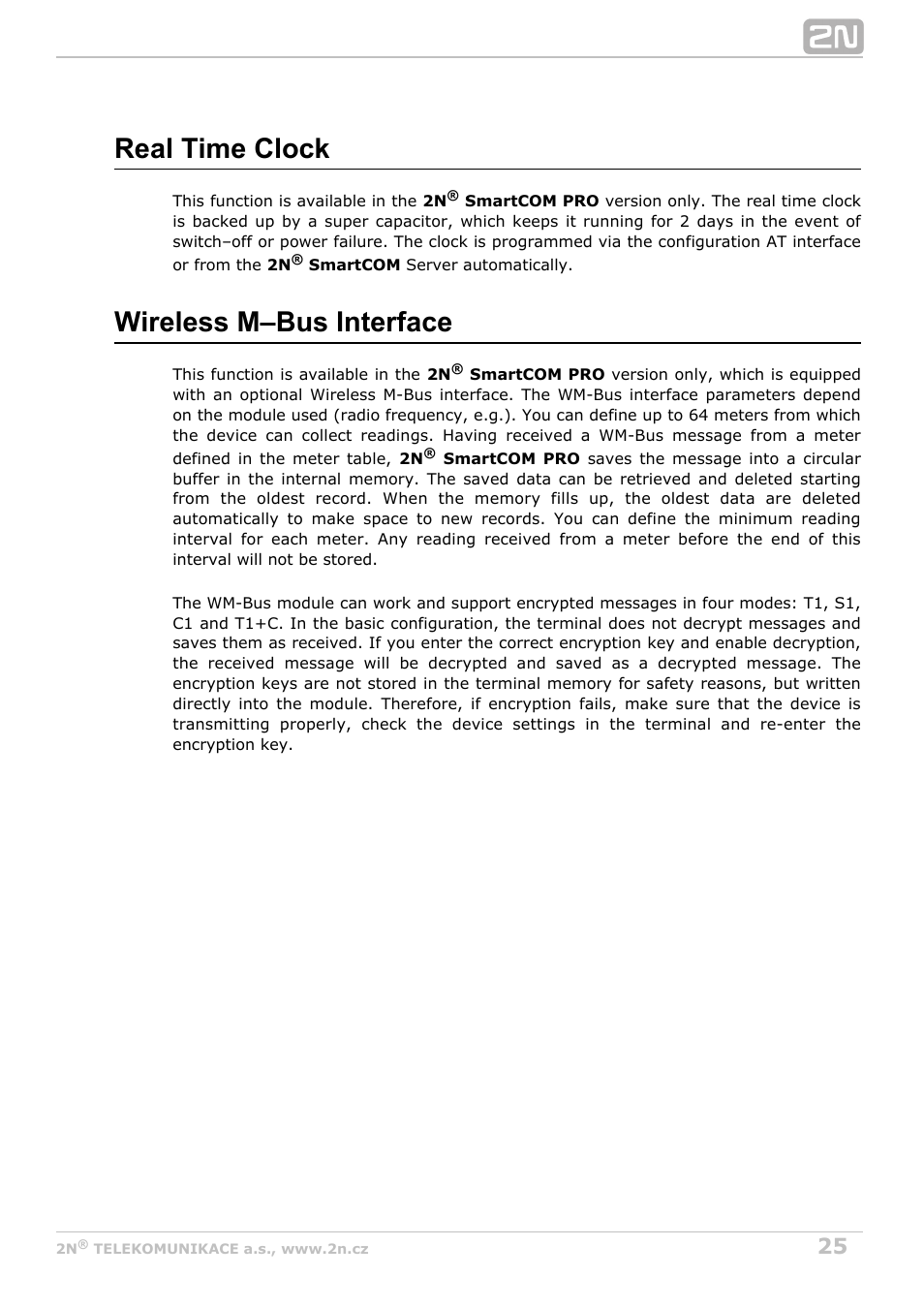 Real time clock, Wireless m–bus interface | 2N M2M Solution 2N SmartCom - User Manual 1.9.0 User Manual | Page 25 / 149