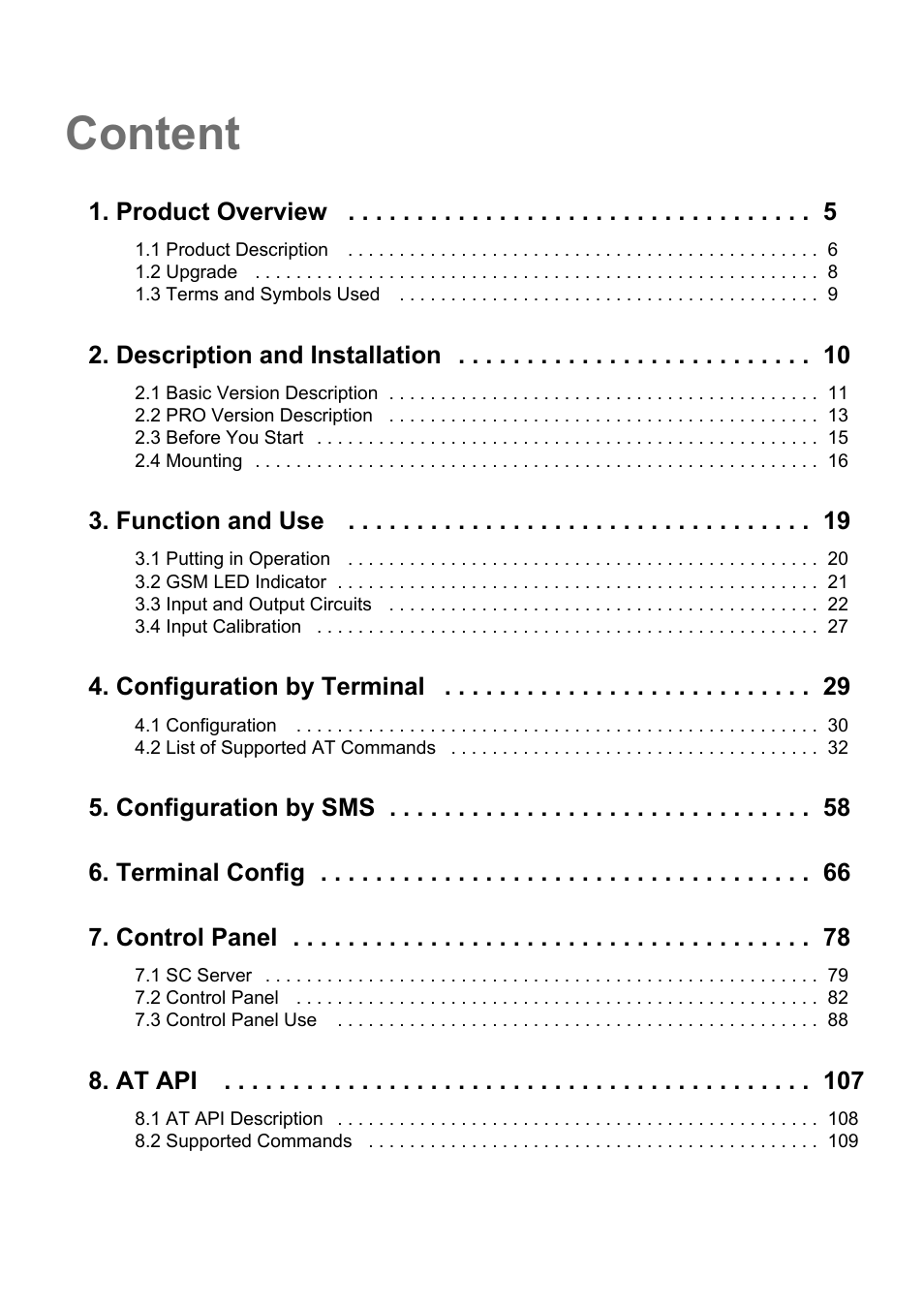 Content, Product overview, Description and installation | Function and use, Configuration by terminal, At api | 2N M2M Solution 2N SmartCom - User Manual 1.9.0 User Manual | Page 3 / 149