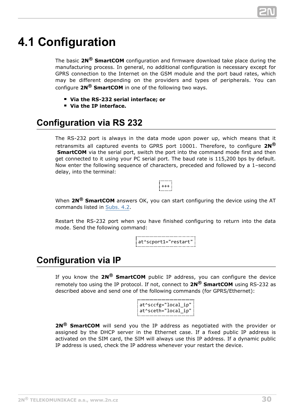 1 configuration, Configuration via rs 232, Configuration via ip | 2N M2M Solution 2N SmartCom - User Manual 1.9.0 User Manual | Page 30 / 149