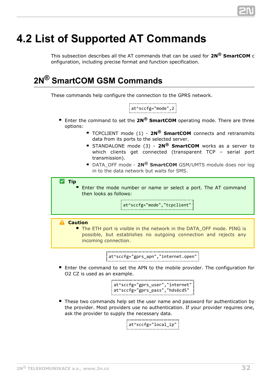 2 list of supported at commands, 2n smartcom gsm commands | 2N M2M Solution 2N SmartCom - User Manual 1.9.0 User Manual | Page 32 / 149