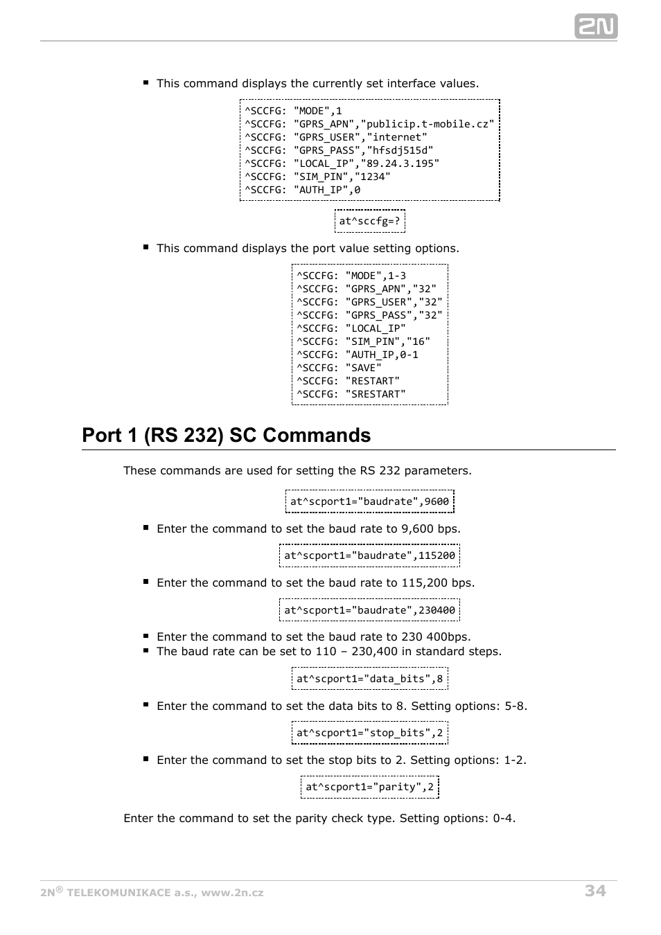 Port 1 (rs 232) sc commands | 2N M2M Solution 2N SmartCom - User Manual 1.9.0 User Manual | Page 34 / 149