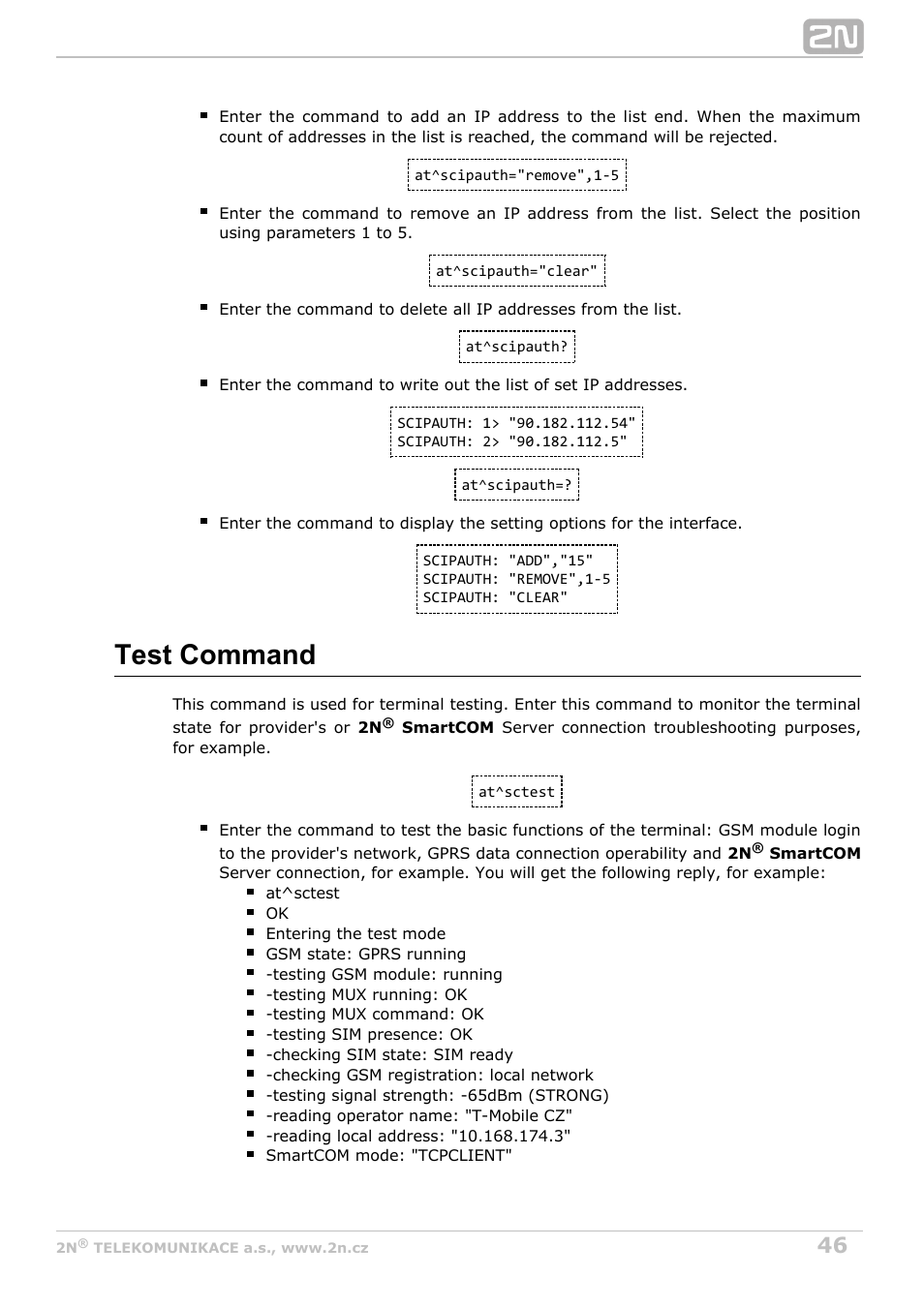 Test command | 2N M2M Solution 2N SmartCom - User Manual 1.9.0 User Manual | Page 46 / 149