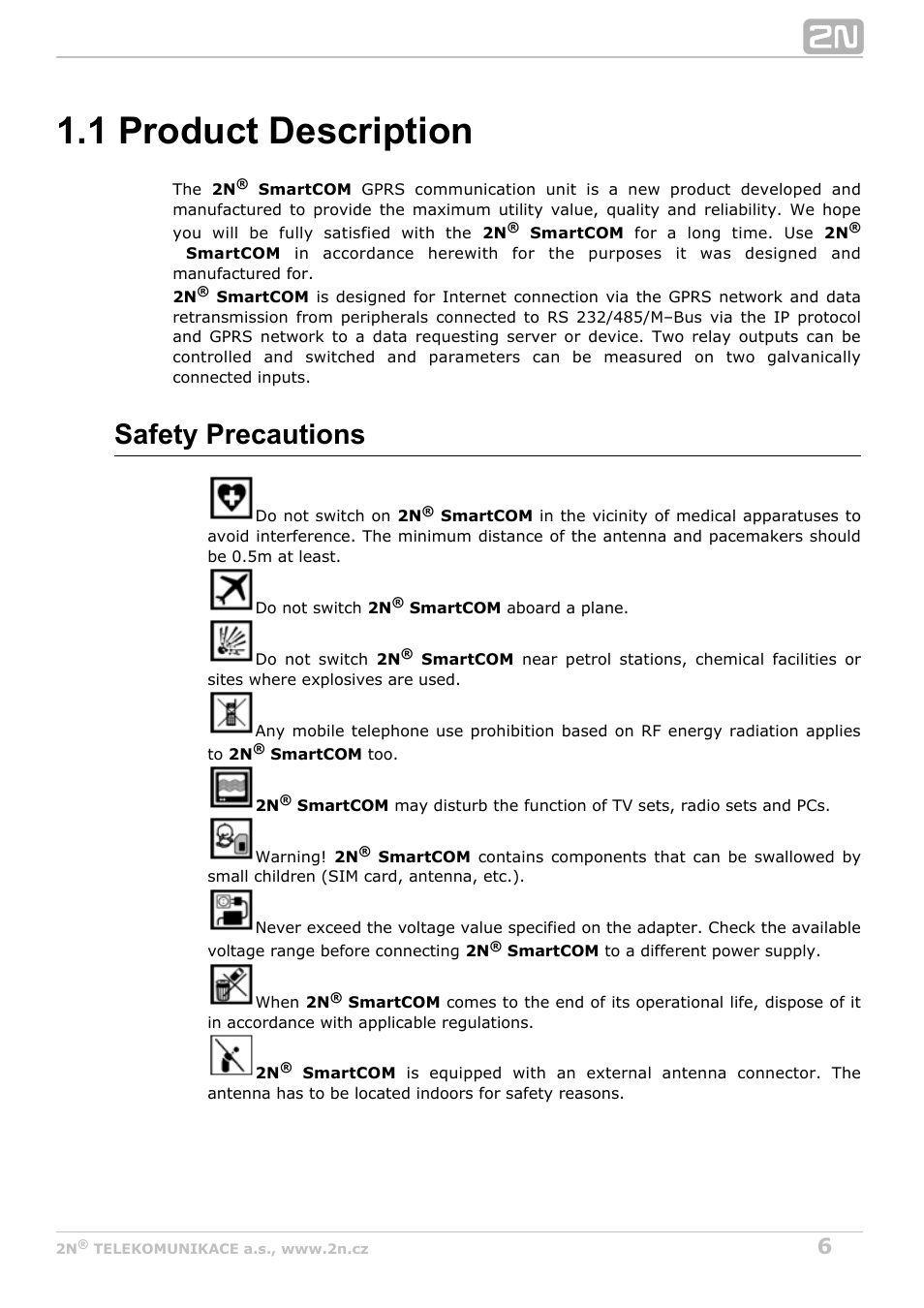1 product description, Safety precautions | 2N M2M Solution 2N SmartCom - User Manual 1.9.0 User Manual | Page 6 / 149