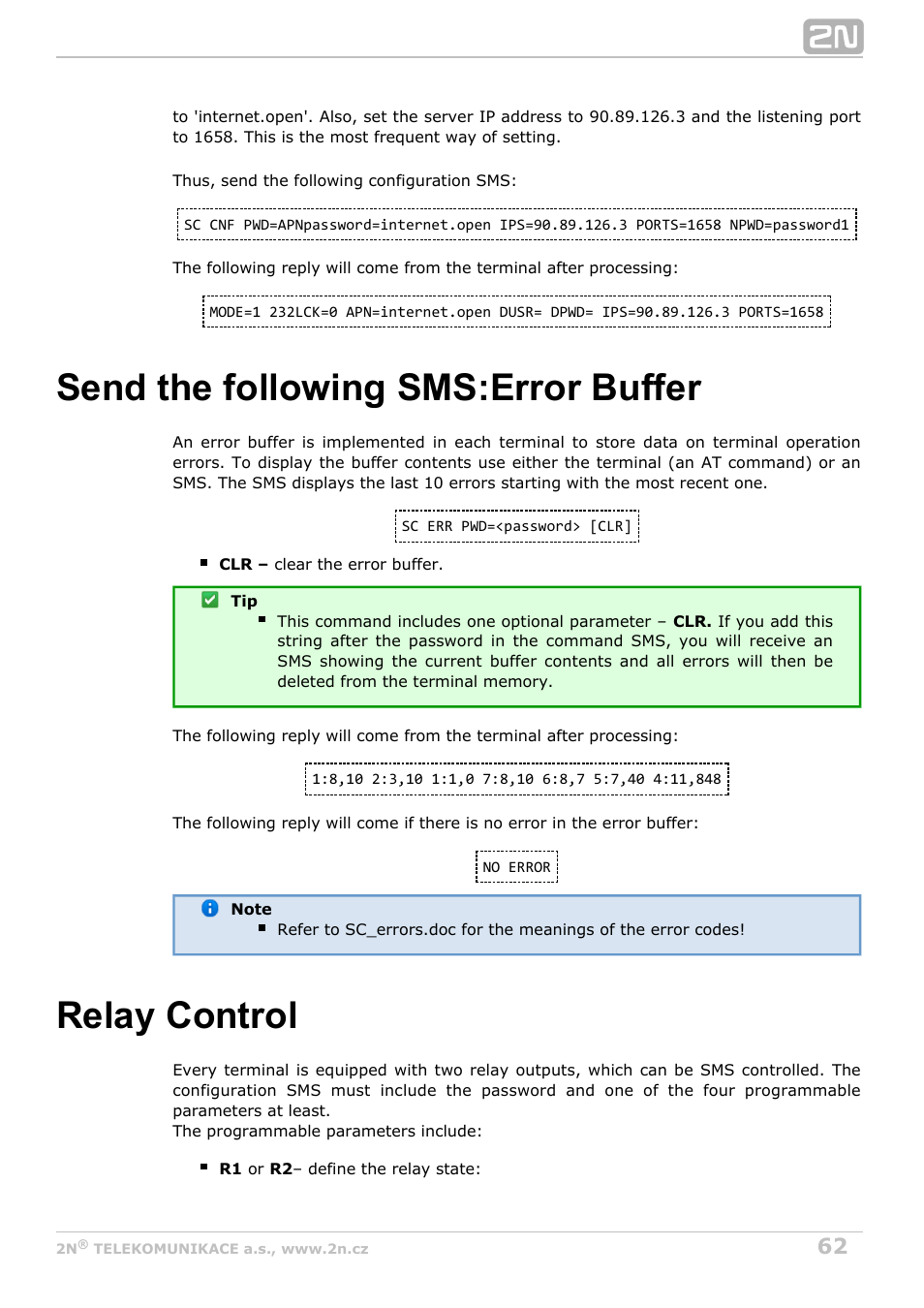 Send the following sms:error buffer, Relay control | 2N M2M Solution 2N SmartCom - User Manual 1.9.0 User Manual | Page 62 / 149