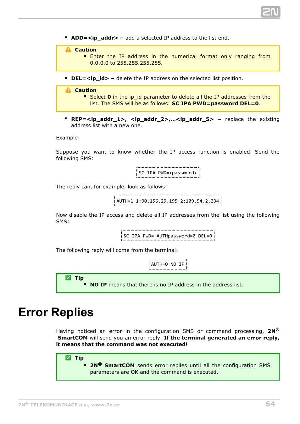 Error replies | 2N M2M Solution 2N SmartCom - User Manual 1.9.0 User Manual | Page 64 / 149