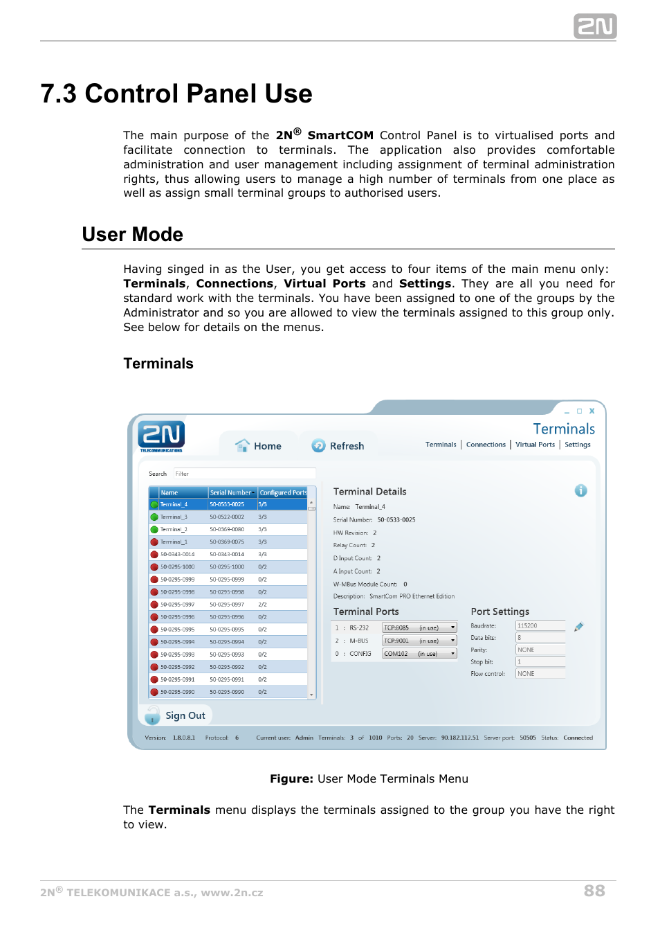 3 control panel use, User mode, Terminals | 2N M2M Solution 2N SmartCom - User Manual 1.9.0 User Manual | Page 88 / 149