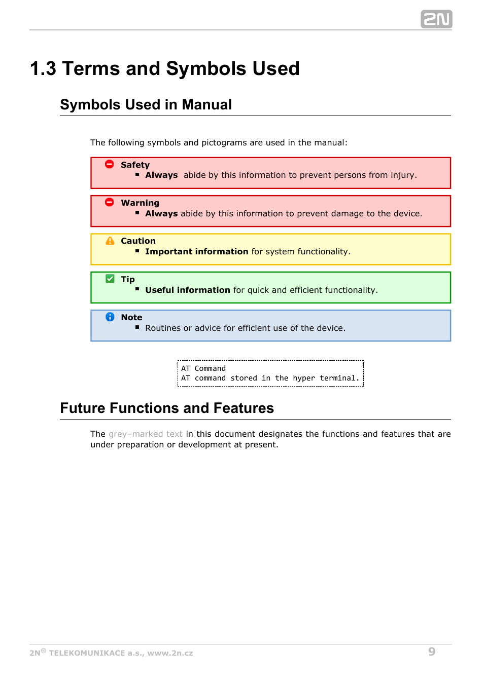 3 terms and symbols used, Symbols used in manual, Future functions and features | 2N M2M Solution 2N SmartCom - User Manual 1.9.0 User Manual | Page 9 / 149