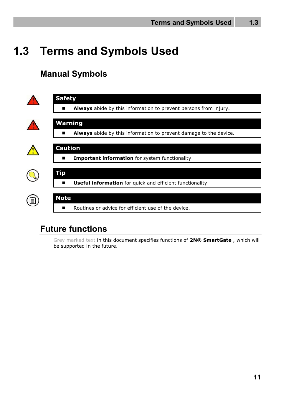 Terms and symbols used, Manual symbols, Future functions | 3 terms and symbols used, Terms and symbols used 1.3 | 2N Fixed line replacement with 2N SmartGate - Manual v1.1.2 User Manual | Page 11 / 89