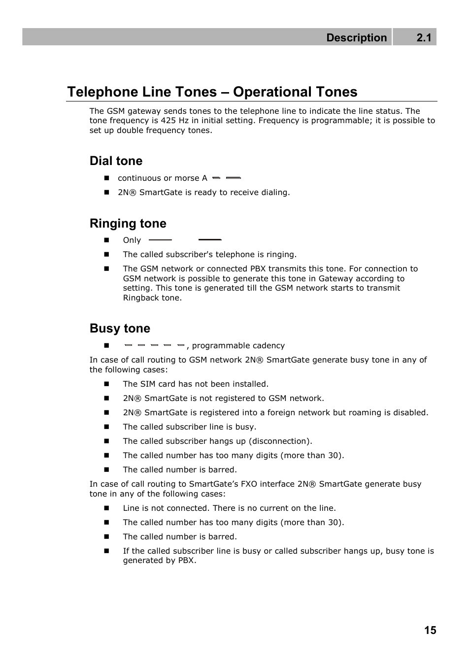 Telephone line tones – operational tones, Dial tone, Ringing tone | Busy tone, Description 2.1 | 2N Fixed line replacement with 2N SmartGate - Manual v1.1.2 User Manual | Page 15 / 89