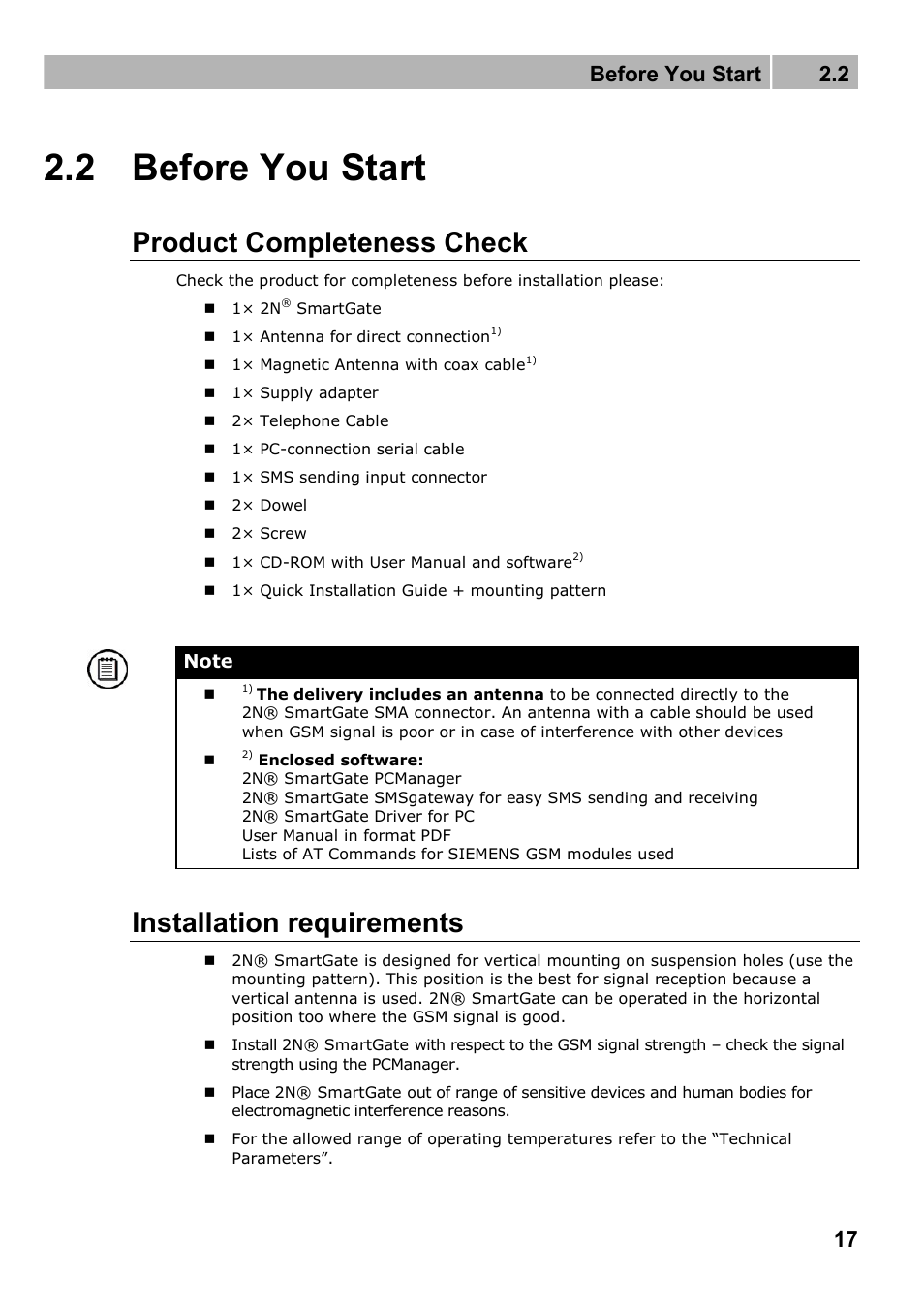 Before you start, Product completeness check, Installation requirements | 2 before you start, Before you start 2.2 | 2N Fixed line replacement with 2N SmartGate - Manual v1.1.2 User Manual | Page 17 / 89