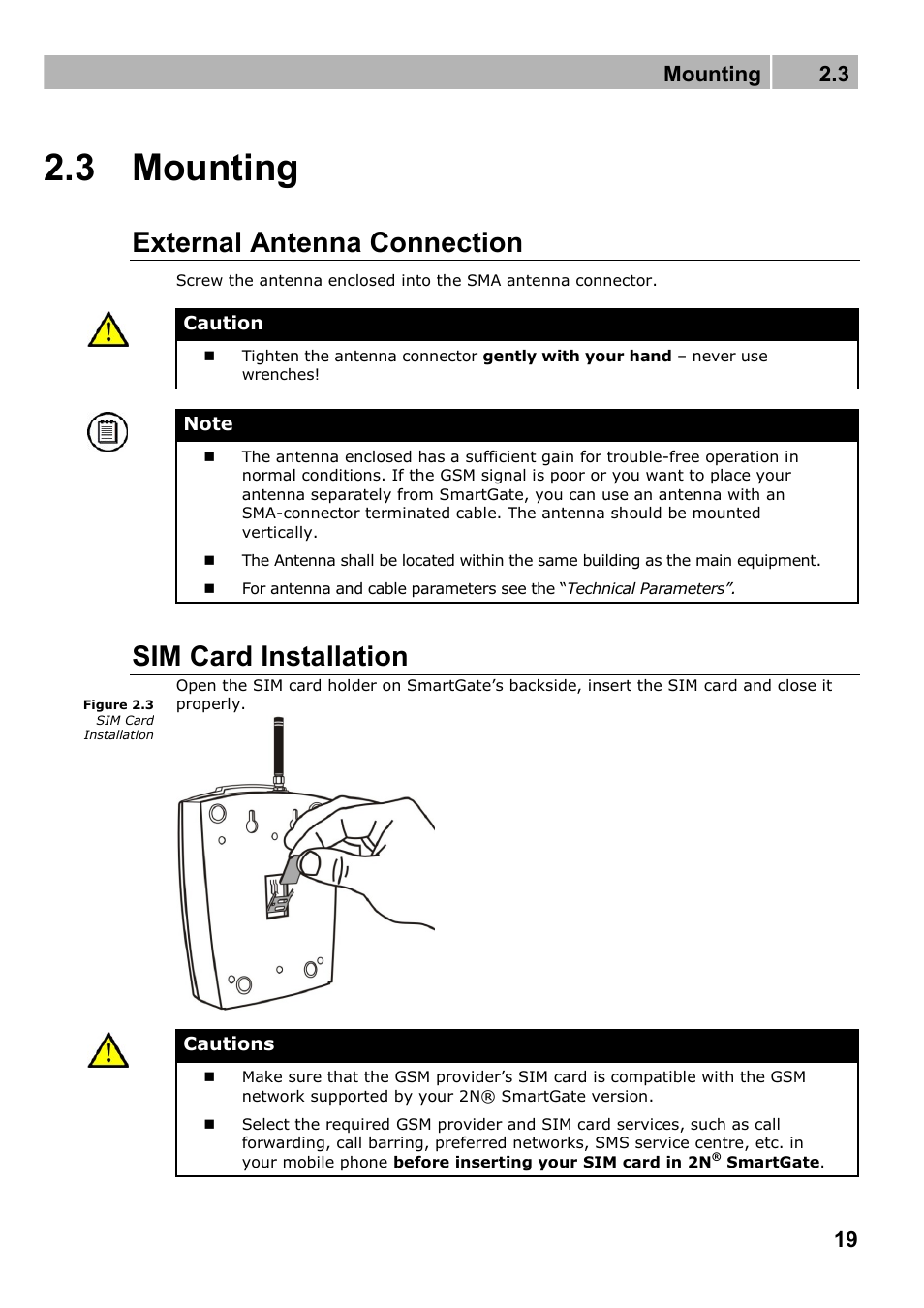 Mounting, External antenna connection, Sim card installation | 3 mounting, Mounting 2.3 | 2N Fixed line replacement with 2N SmartGate - Manual v1.1.2 User Manual | Page 19 / 89