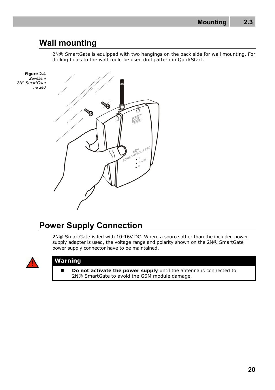 Wall mounting, Power supply connection, Mounting 2.3 | 2N Fixed line replacement with 2N SmartGate - Manual v1.1.2 User Manual | Page 20 / 89