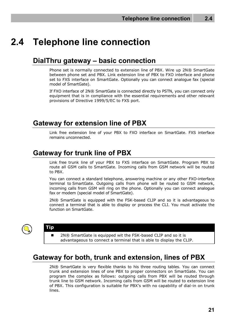 Telephone line connection, Dialthru gateway – basic connection, Gateway for extension line of pbx | Gateway for trunk line of pbx, 4 telephone line connection | 2N Fixed line replacement with 2N SmartGate - Manual v1.1.2 User Manual | Page 21 / 89