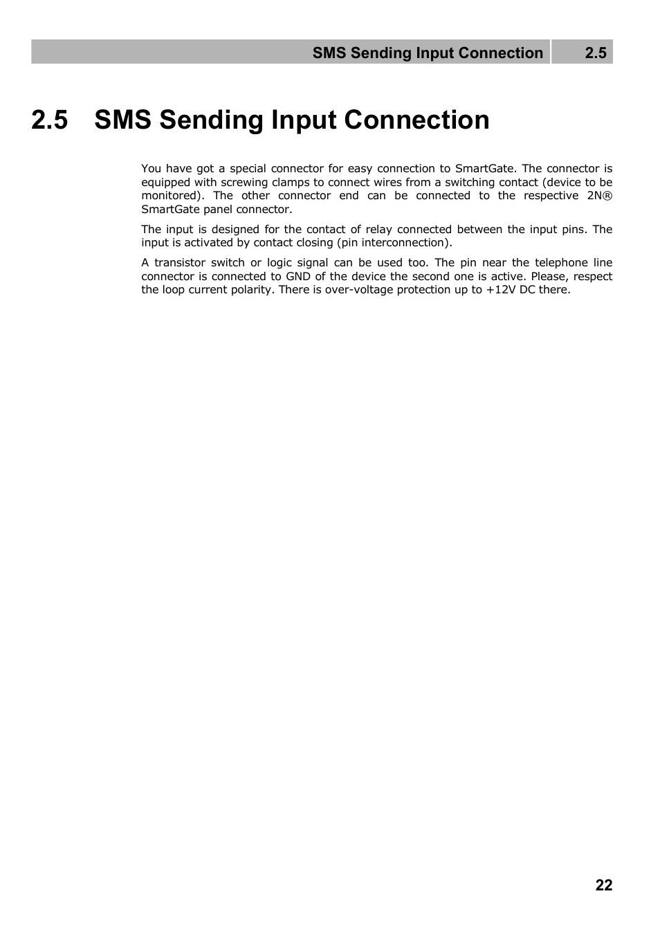 Sms sending input connection, 5 sms sending input connection | 2N Fixed line replacement with 2N SmartGate - Manual v1.1.2 User Manual | Page 22 / 89