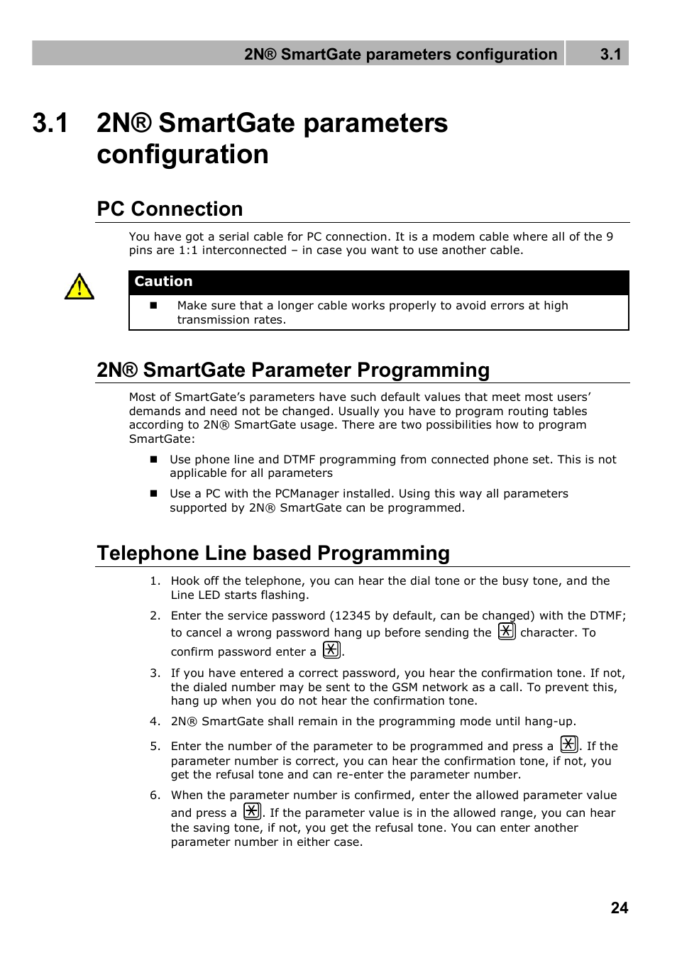 2n® smartgate parameters configuration, Pc connection, 2n® smartgate parameter programming | Telephone line based programming, 1 2n® smartgate parameters configuration, 2n® smartgate parameters configuration 3.1 | 2N Fixed line replacement with 2N SmartGate - Manual v1.1.2 User Manual | Page 24 / 89