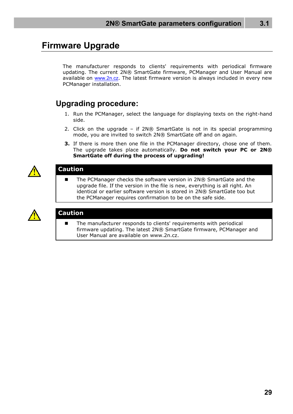 Firmware upgrade, Upgrading procedure, 2n® smartgate parameters configuration 3.1 | 2N Fixed line replacement with 2N SmartGate - Manual v1.1.2 User Manual | Page 29 / 89