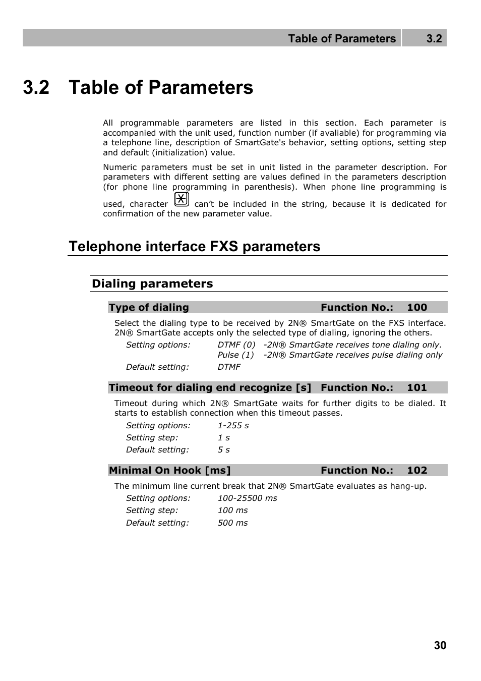 Table of parameters, Telephone interface fxs parameters, 2 table of parameters | Table of parameters 3.2, Dialing parameters | 2N Fixed line replacement with 2N SmartGate - Manual v1.1.2 User Manual | Page 30 / 89