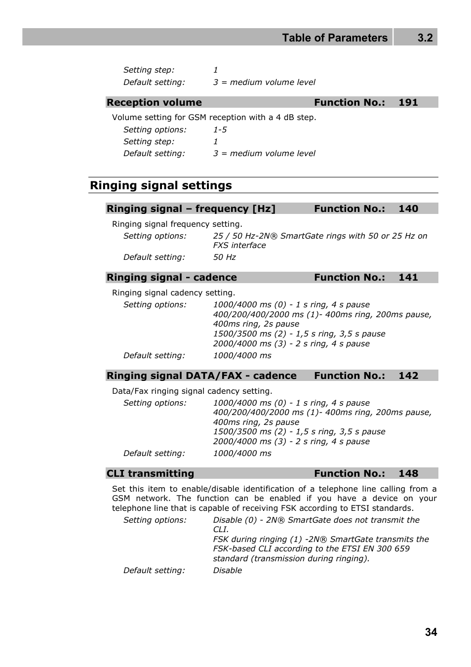 Table of parameters 3.2, Ringing signal settings | 2N Fixed line replacement with 2N SmartGate - Manual v1.1.2 User Manual | Page 34 / 89