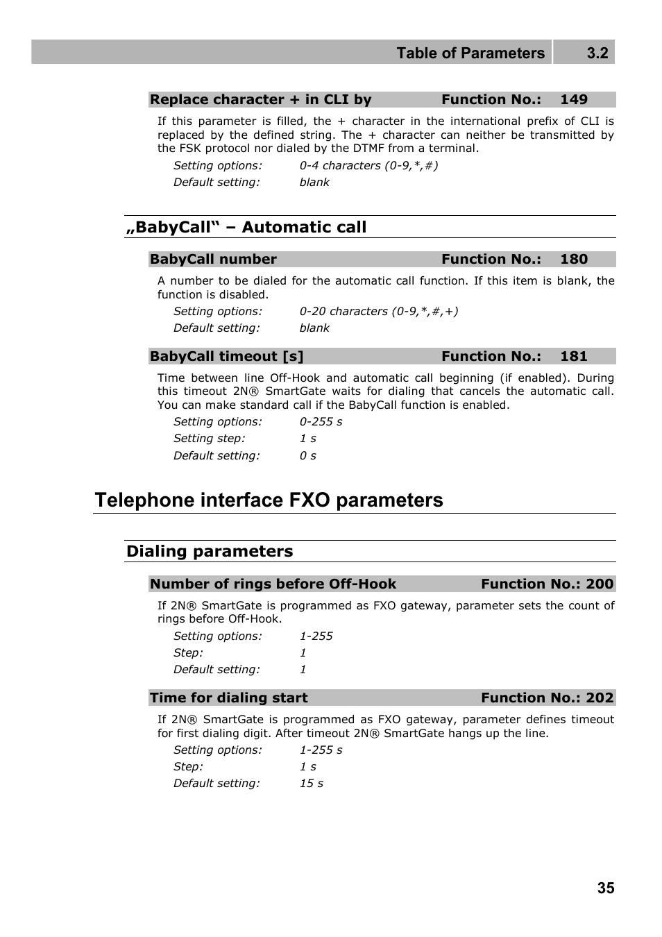 Telephone interface fxo parameters, Table of parameters 3.2, Babycall“ – automatic call | Dialing parameters | 2N Fixed line replacement with 2N SmartGate - Manual v1.1.2 User Manual | Page 35 / 89