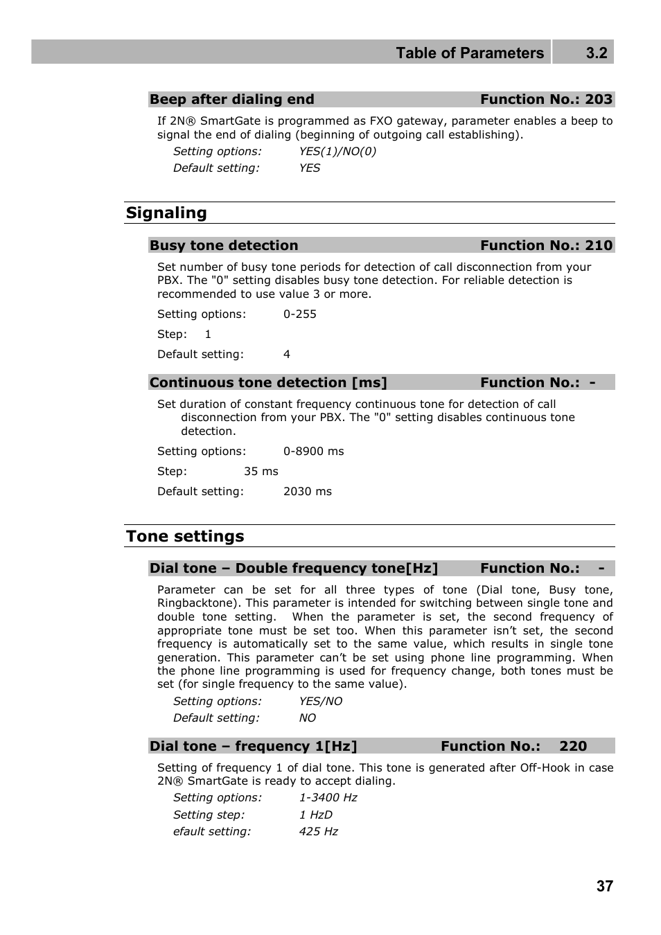 Table of parameters 3.2, Signaling, Tone settings | 2N Fixed line replacement with 2N SmartGate - Manual v1.1.2 User Manual | Page 37 / 89