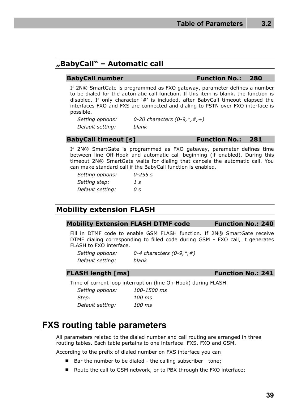 Fxs routing table parameters, Table of parameters 3.2, Babycall“ – automatic call | Mobility extension flash | 2N Fixed line replacement with 2N SmartGate - Manual v1.1.2 User Manual | Page 39 / 89