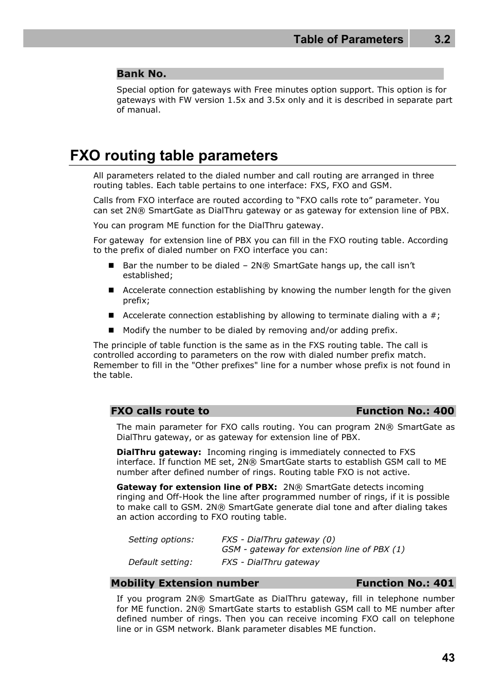 Fxo routing table parameters, Table of parameters 3.2 | 2N Fixed line replacement with 2N SmartGate - Manual v1.1.2 User Manual | Page 43 / 89