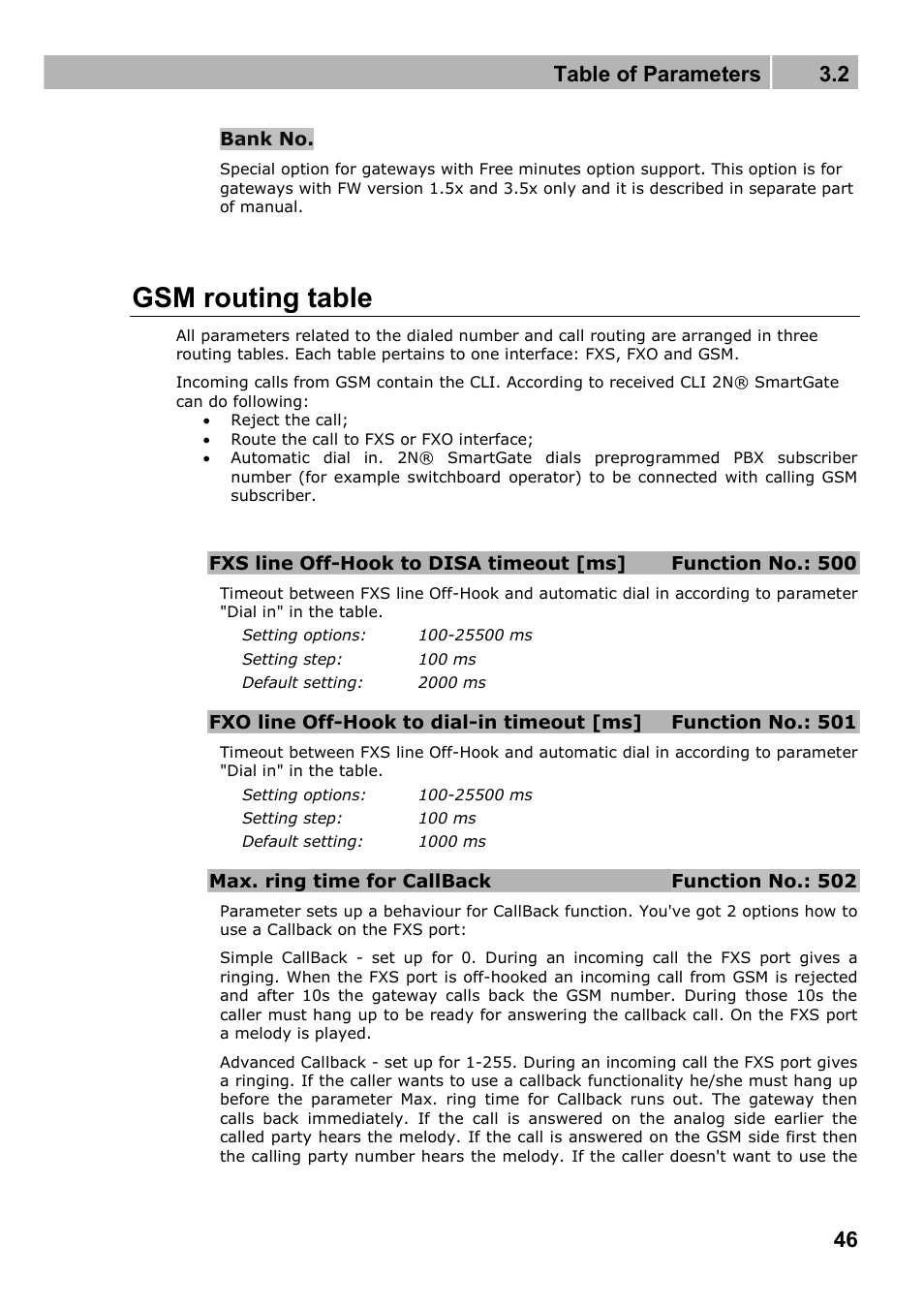 Gsm routing table, Table of parameters 3.2 | 2N Fixed line replacement with 2N SmartGate - Manual v1.1.2 User Manual | Page 46 / 89