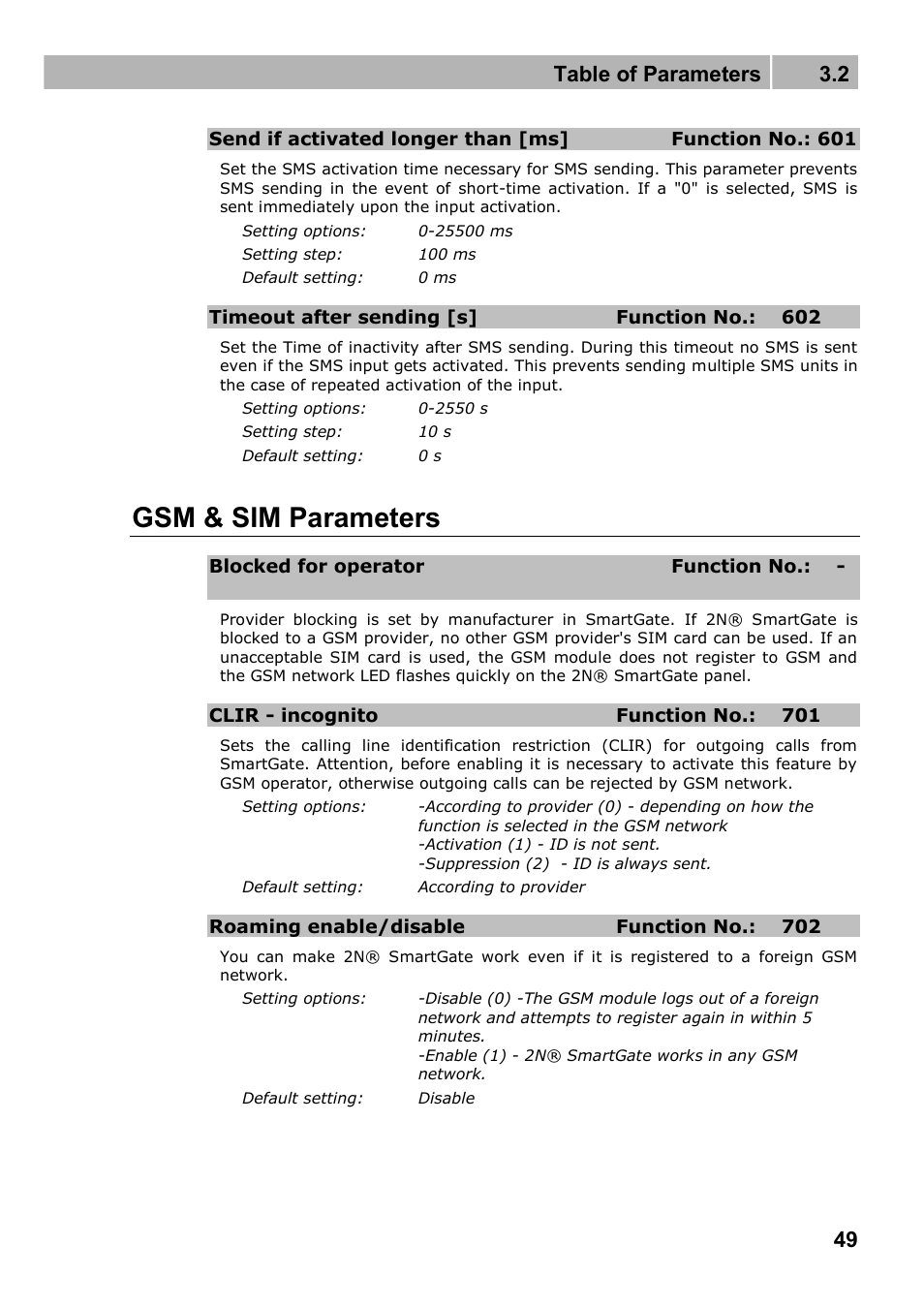 Gsm & sim parameters, Table of parameters 3.2 | 2N Fixed line replacement with 2N SmartGate - Manual v1.1.2 User Manual | Page 49 / 89