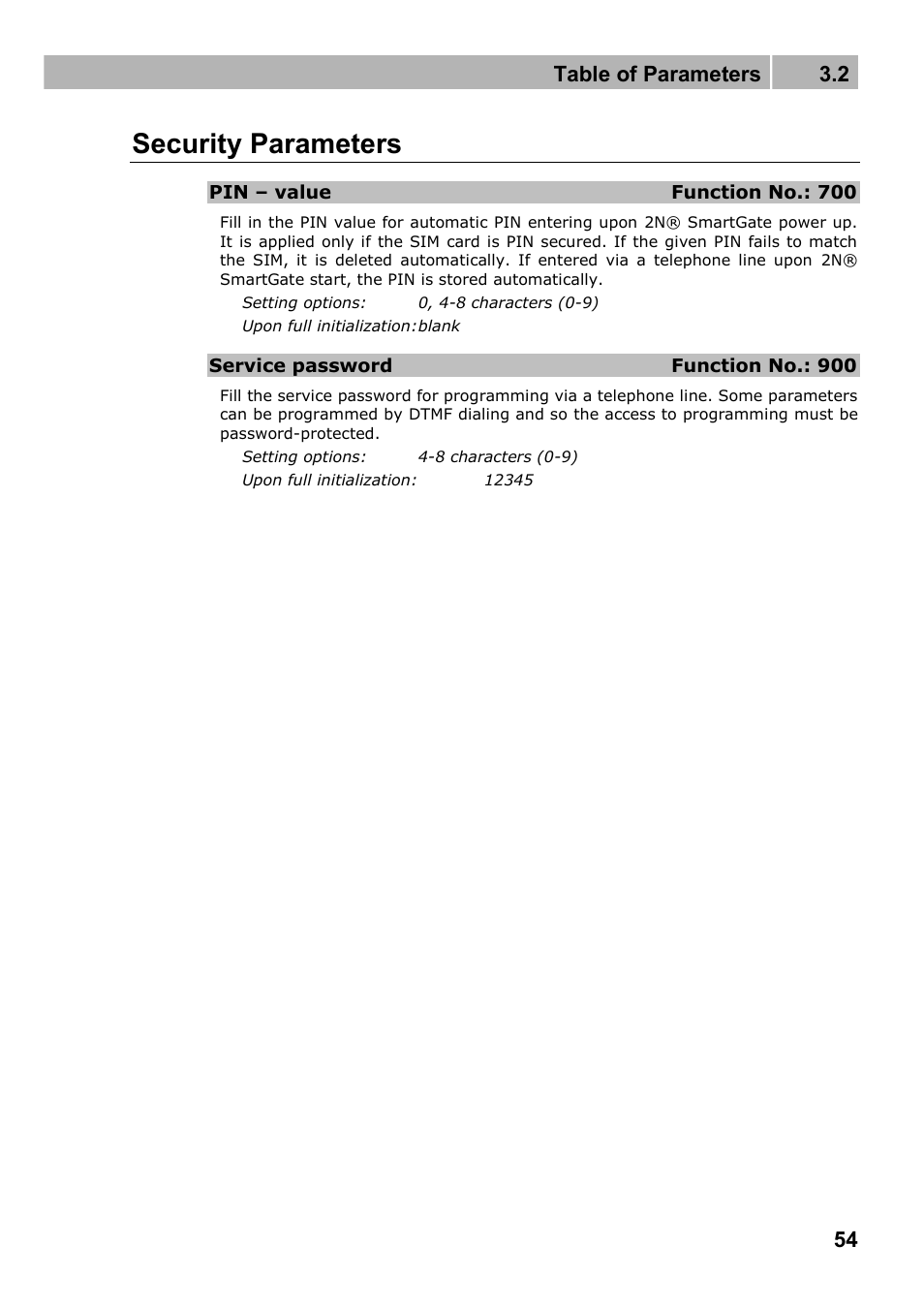 Security parameters, Table of parameters 3.2 | 2N Fixed line replacement with 2N SmartGate - Manual v1.1.2 User Manual | Page 54 / 89