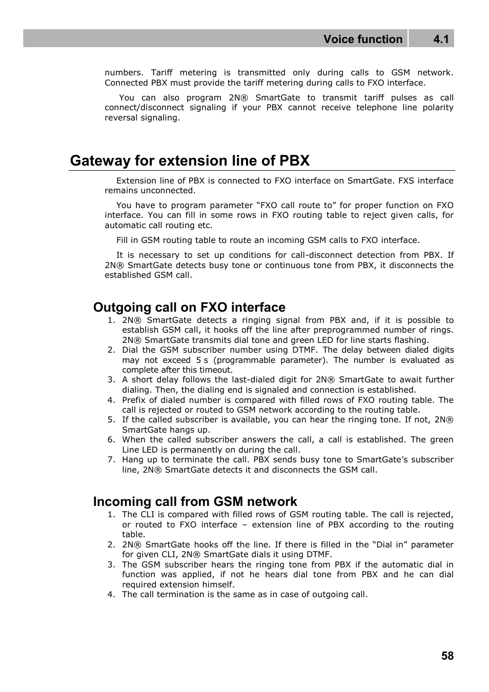 Gateway for extension line of pbx, Outgoing call on fxo interface, Incoming call from gsm network | Voice function 4.1 | 2N Fixed line replacement with 2N SmartGate - Manual v1.1.2 User Manual | Page 58 / 89