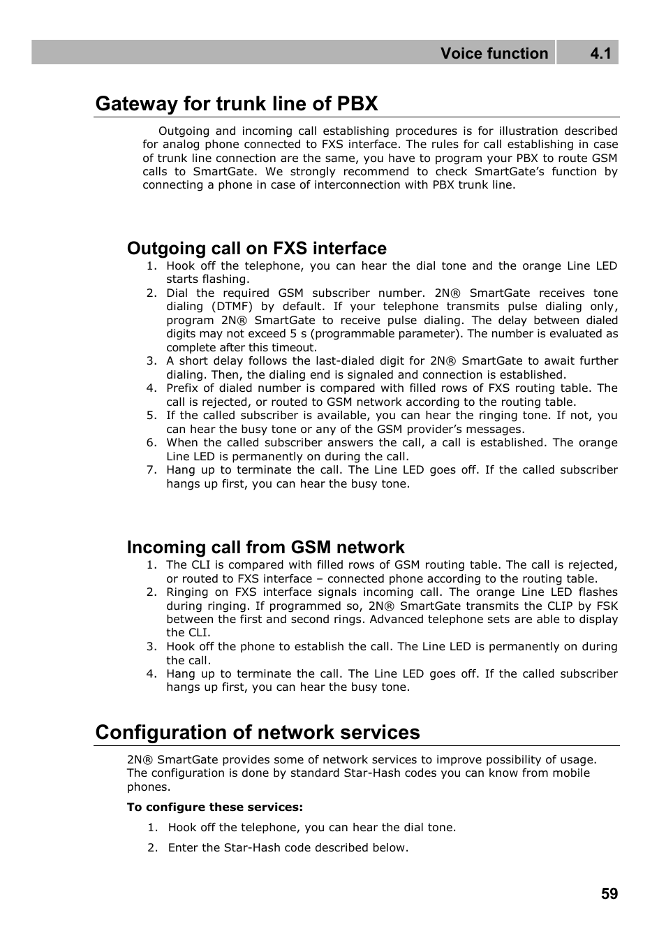 Gateway for trunk line of pbx, Configuration of network services, Outgoing call on fxs interface | Incoming call from gsm network, Voice function 4.1 | 2N Fixed line replacement with 2N SmartGate - Manual v1.1.2 User Manual | Page 59 / 89