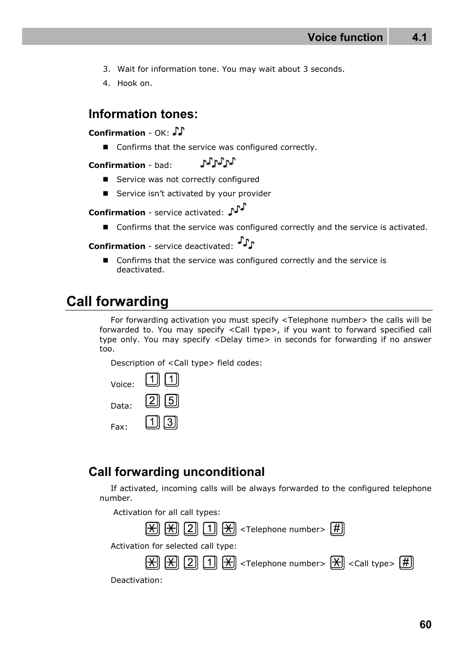 Call forwarding, Information tones, Call forwarding unconditional | Voice function 4.1 | 2N Fixed line replacement with 2N SmartGate - Manual v1.1.2 User Manual | Page 60 / 89