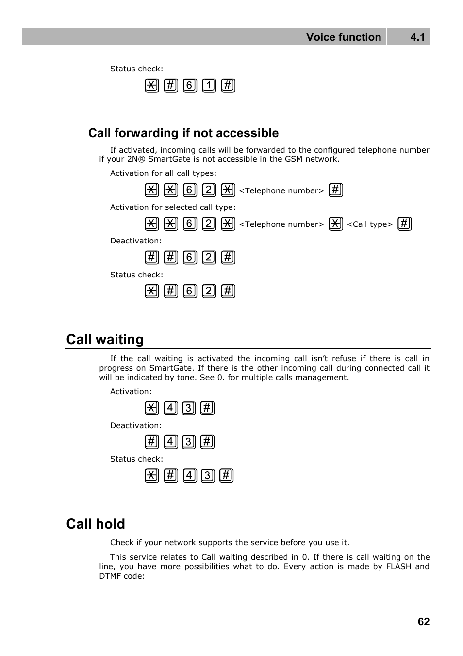 Call waiting, Call hold, Call forwarding if not accessible | Voice function 4.1 | 2N Fixed line replacement with 2N SmartGate - Manual v1.1.2 User Manual | Page 62 / 89