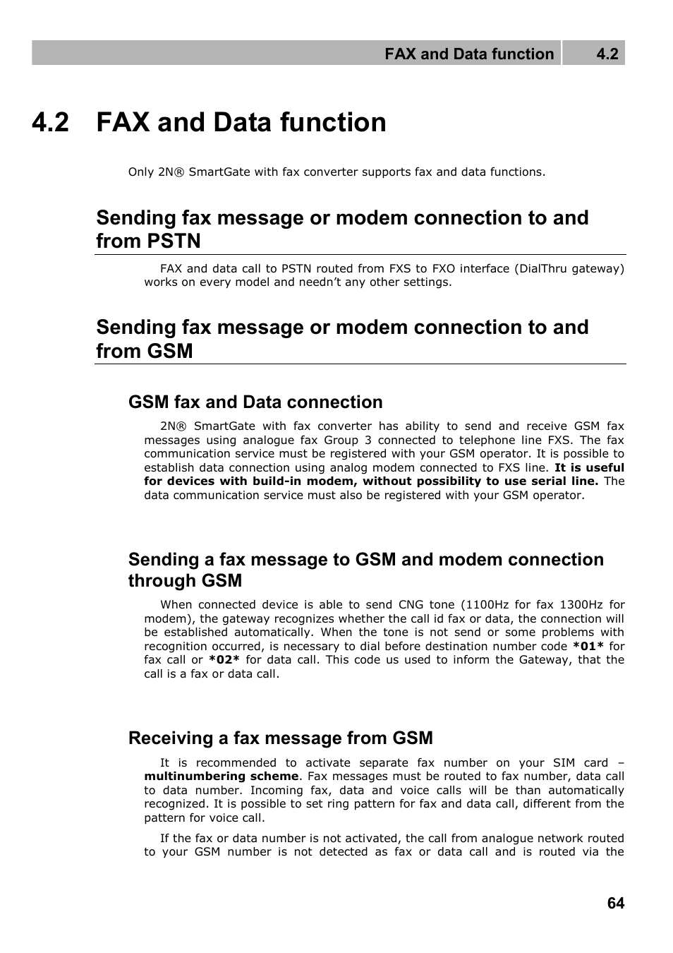 Fax and data function, 2 fax and data function, Gsm fax and data connection | Receiving a fax message from gsm | 2N Fixed line replacement with 2N SmartGate - Manual v1.1.2 User Manual | Page 64 / 89