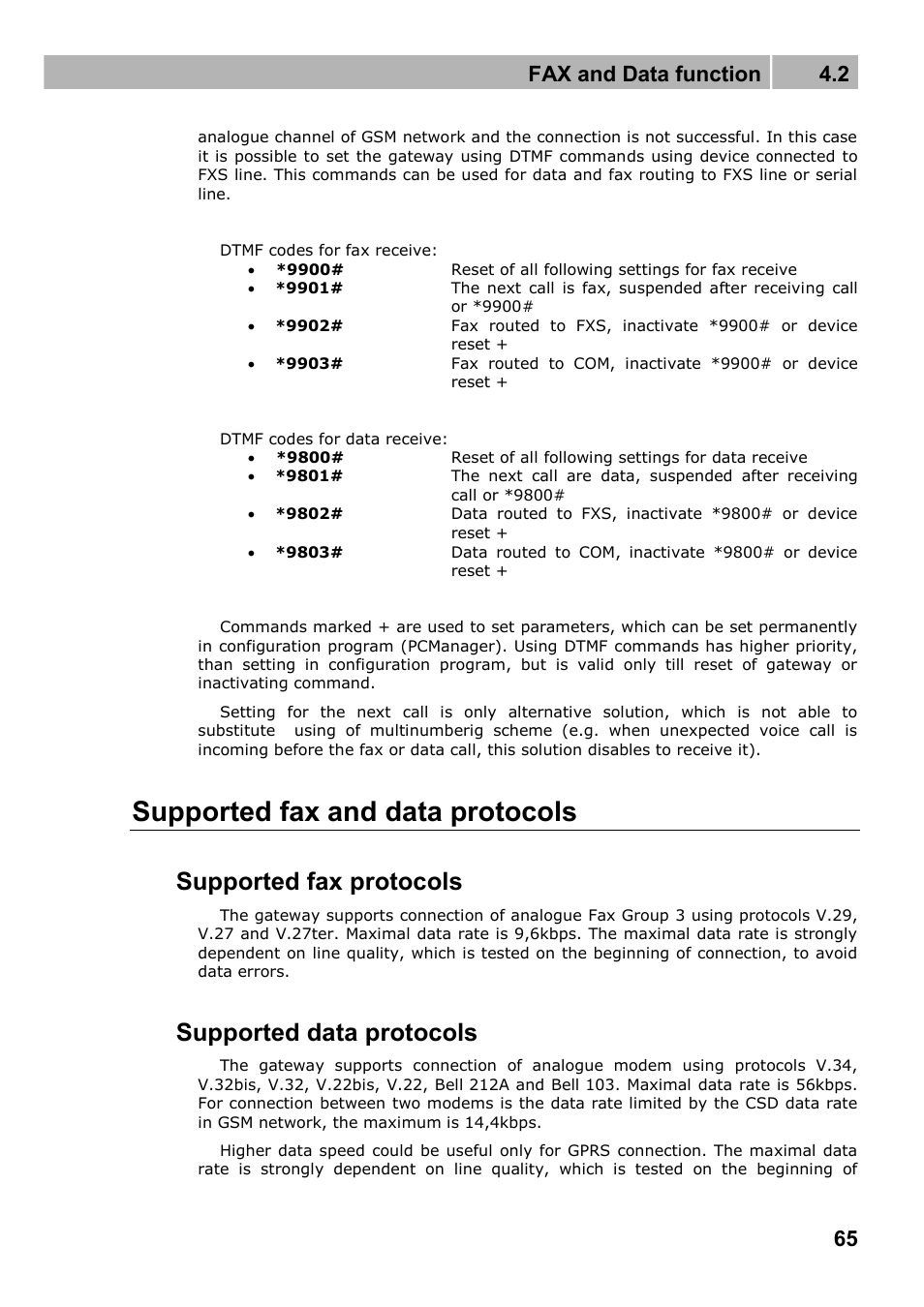 Supported fax and data protocols, Supported fax protocols, Supported data protocols | Fax and data function 4.2 | 2N Fixed line replacement with 2N SmartGate - Manual v1.1.2 User Manual | Page 65 / 89