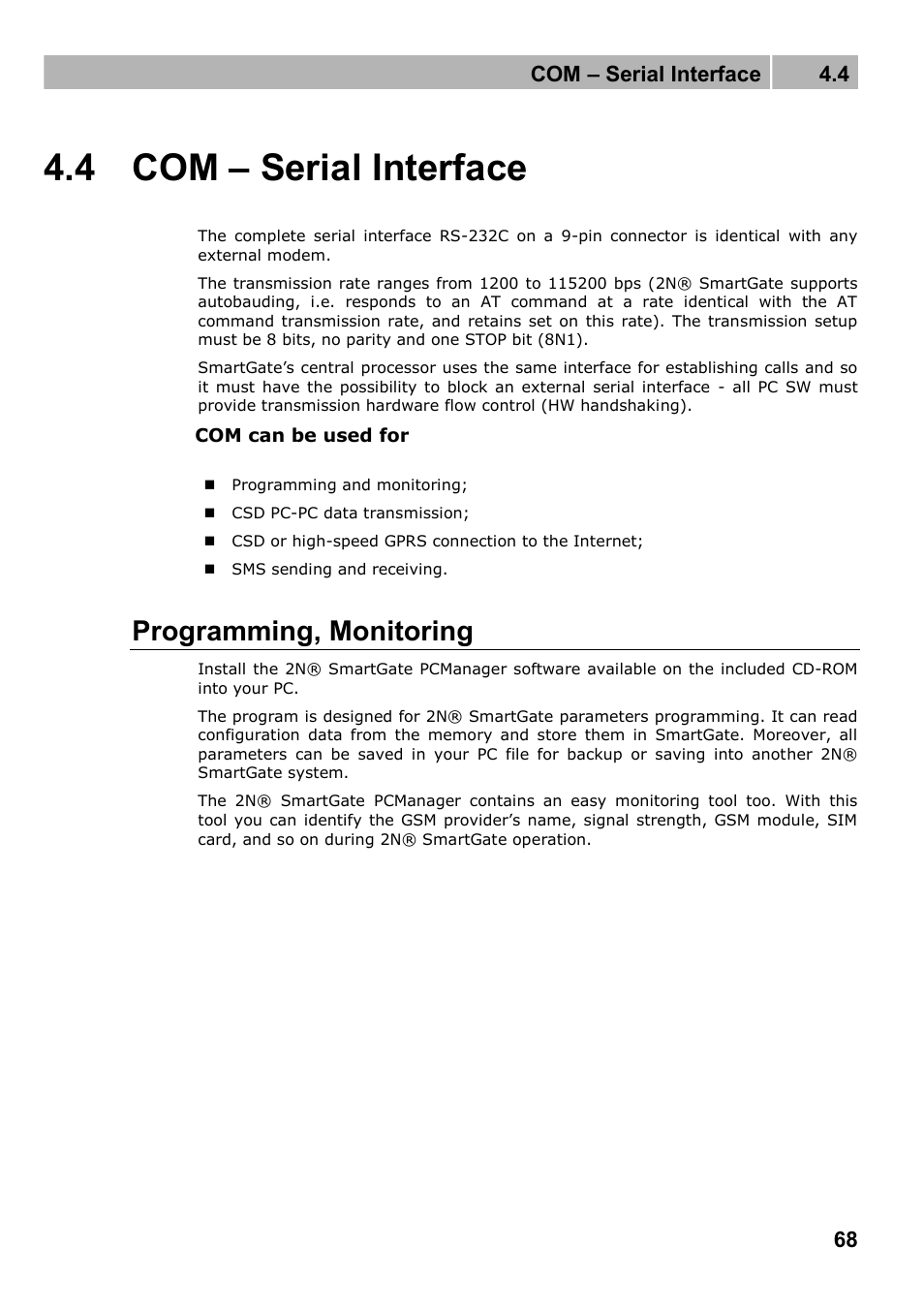 Com – serial interface, Programming, monitoring, 4 com – serial interface | Com – serial interface 4.4 | 2N Fixed line replacement with 2N SmartGate - Manual v1.1.2 User Manual | Page 68 / 89