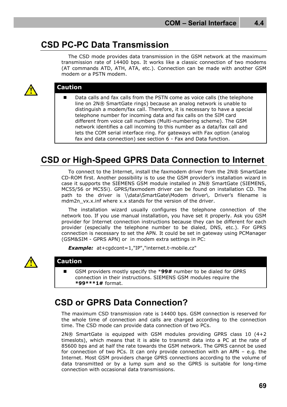 Csd pc-pc data transmission, Csd or high-speed gprs data connection to internet, Csd or gprs data connection | Com – serial interface 4.4 | 2N Fixed line replacement with 2N SmartGate - Manual v1.1.2 User Manual | Page 69 / 89