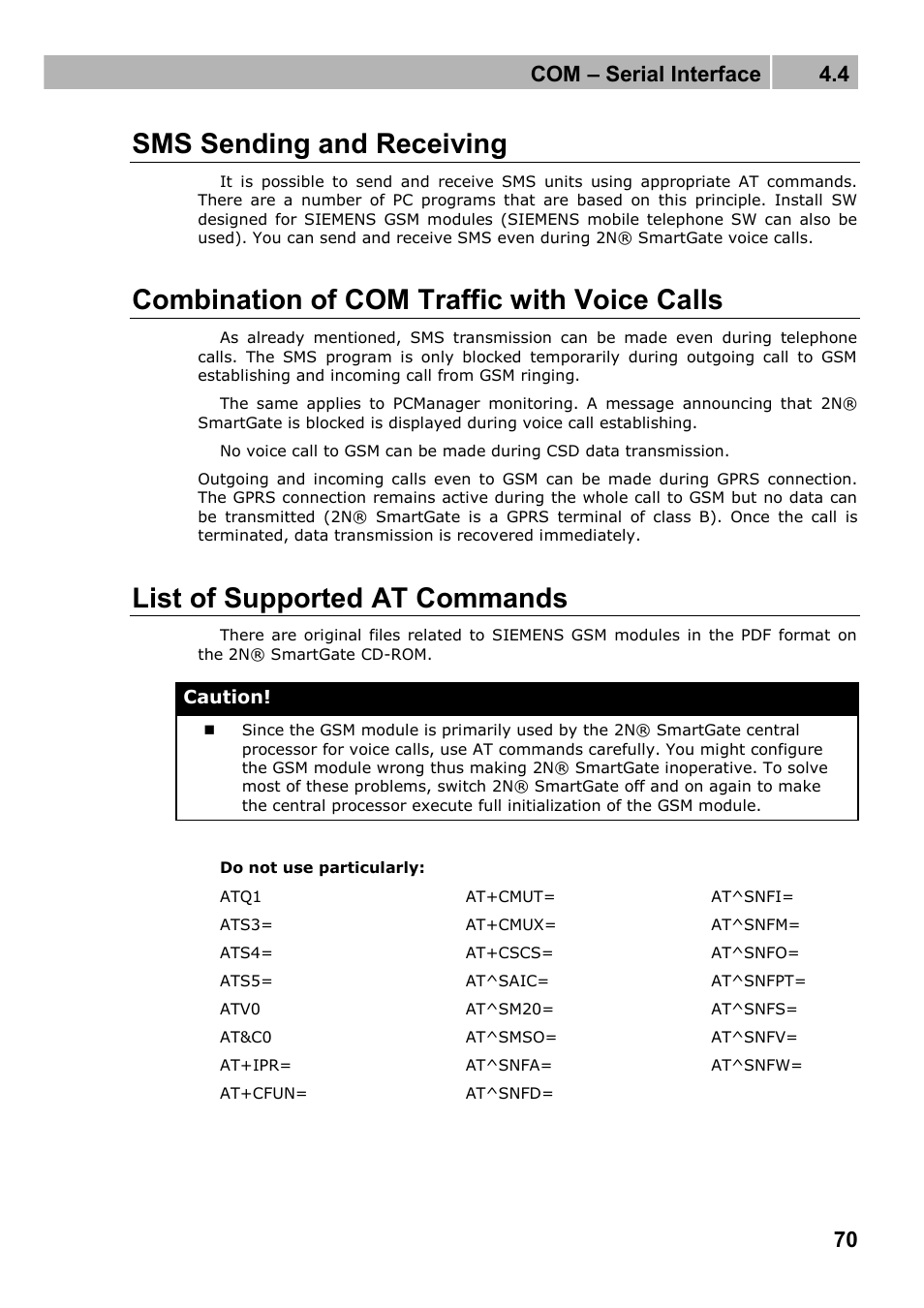 Sms sending and receiving, Combination of com traffic with voice calls, List of supported at commands | Com – serial interface 4.4 | 2N Fixed line replacement with 2N SmartGate - Manual v1.1.2 User Manual | Page 70 / 89