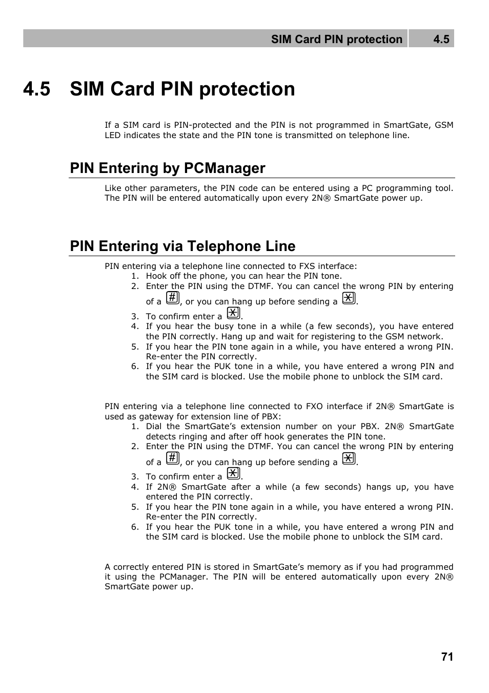 Sim card pin protection, Pin entering by pcmanager, Pin entering via telephone line | 5 sim card pin protection, Sim card pin protection 4.5 | 2N Fixed line replacement with 2N SmartGate - Manual v1.1.2 User Manual | Page 71 / 89