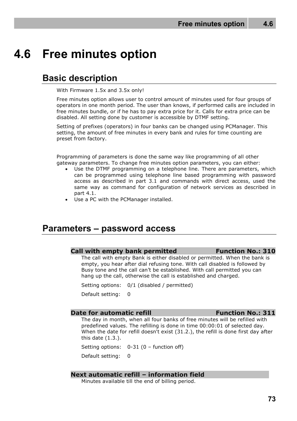 Free minutes option, Basic description, Parameters – password access | 6 free minutes option | 2N Fixed line replacement with 2N SmartGate - Manual v1.1.2 User Manual | Page 73 / 89