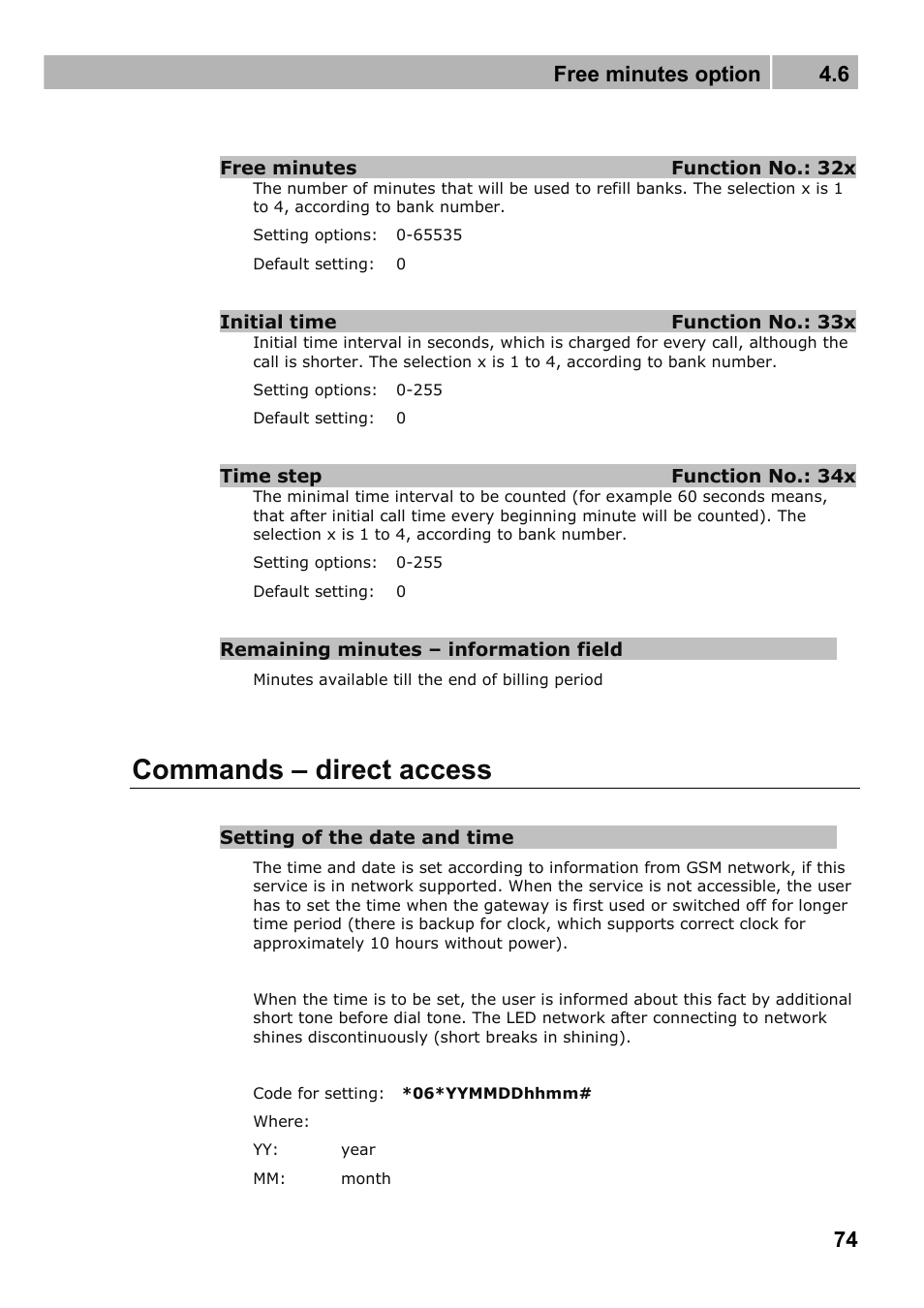 Commands – direct access, Free minutes option 4.6 | 2N Fixed line replacement with 2N SmartGate - Manual v1.1.2 User Manual | Page 74 / 89