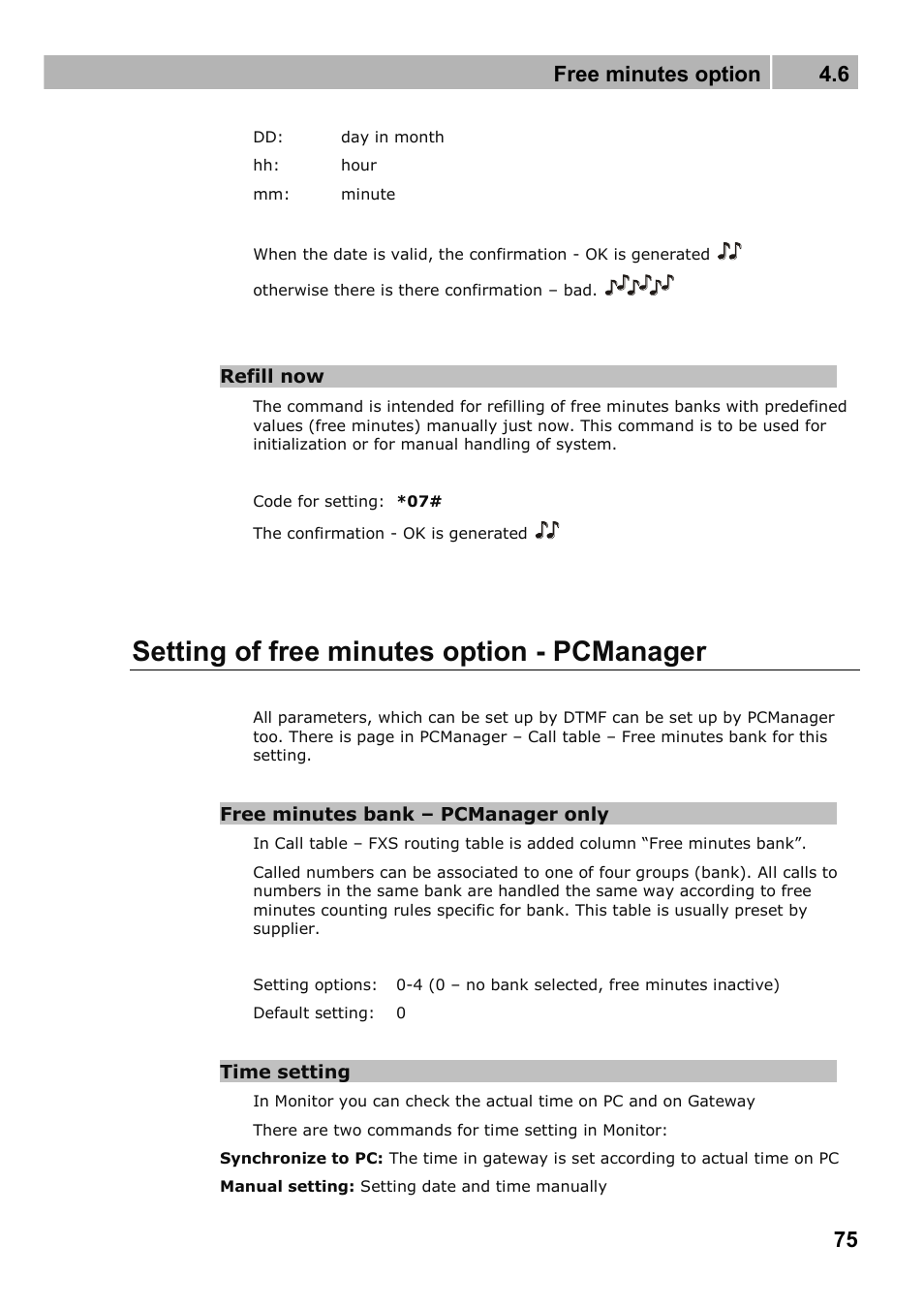Setting of free minutes option - pcmanager, Free minutes option 4.6 | 2N Fixed line replacement with 2N SmartGate - Manual v1.1.2 User Manual | Page 75 / 89