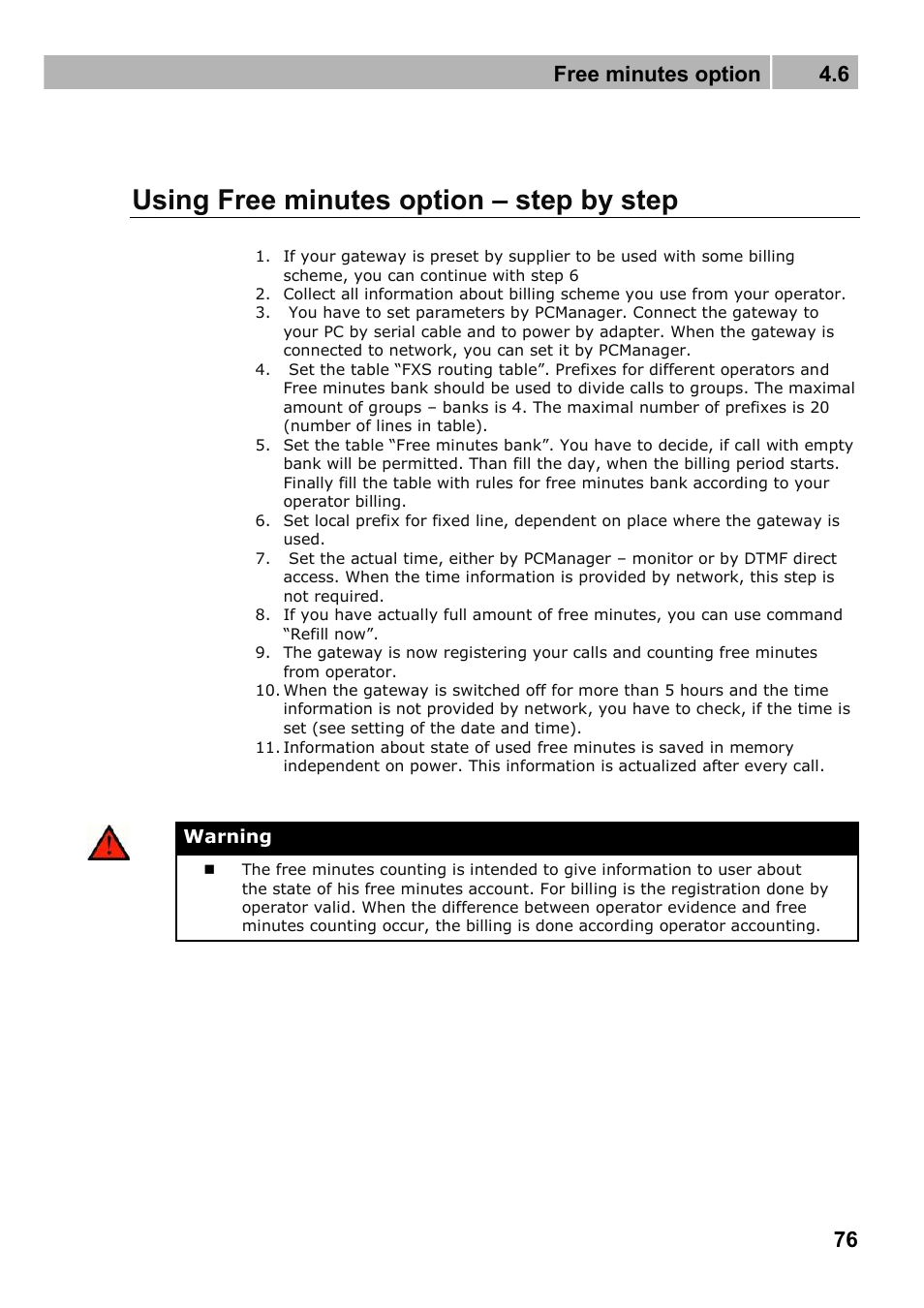 Using free minutes option – step by step, Free minutes option 4.6 | 2N Fixed line replacement with 2N SmartGate - Manual v1.1.2 User Manual | Page 76 / 89